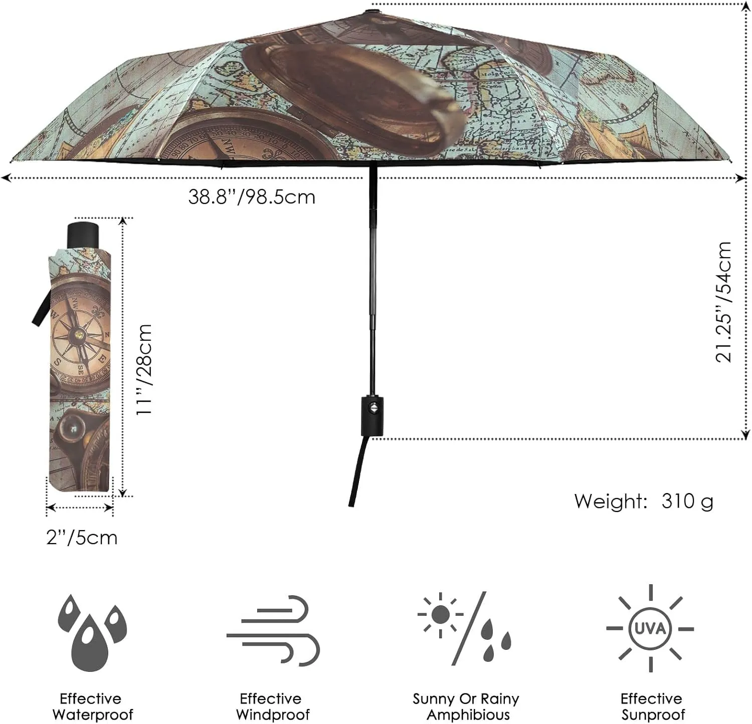 Poeticcity Automatic Folding Umbrella, Auto Open/Close Anti-UV 3 Folds Parasol, Compact Windproof Strong Umbrellas for Travel Sun & Rain