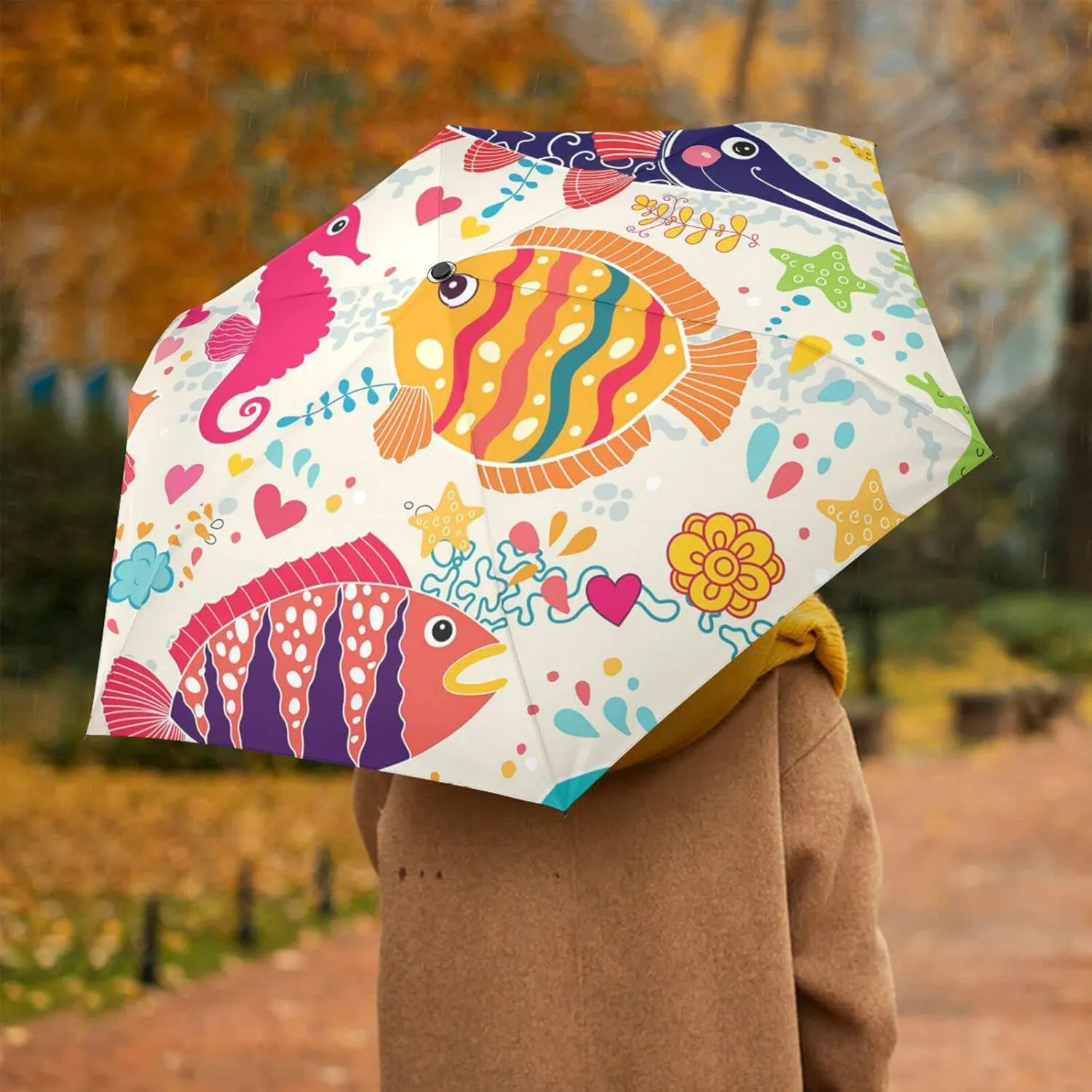 Poeticcity Automatic Folding Umbrella, Auto Open/Close Anti-UV 3 Folds Parasol, Compact Windproof Strong Umbrellas for Travel Sun & Rain