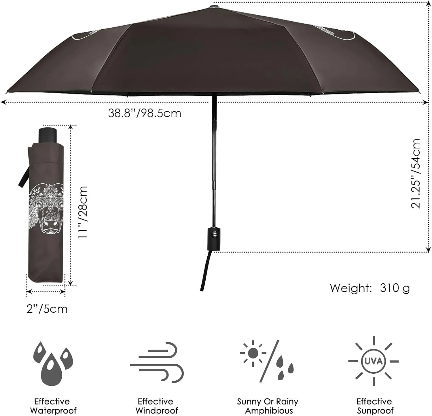 Poeticcity Automatic Folding Umbrella, Auto Open/Close Anti-UV 3 Folds Parasol, Compact Windproof Strong Umbrellas for Travel Sun & Rain