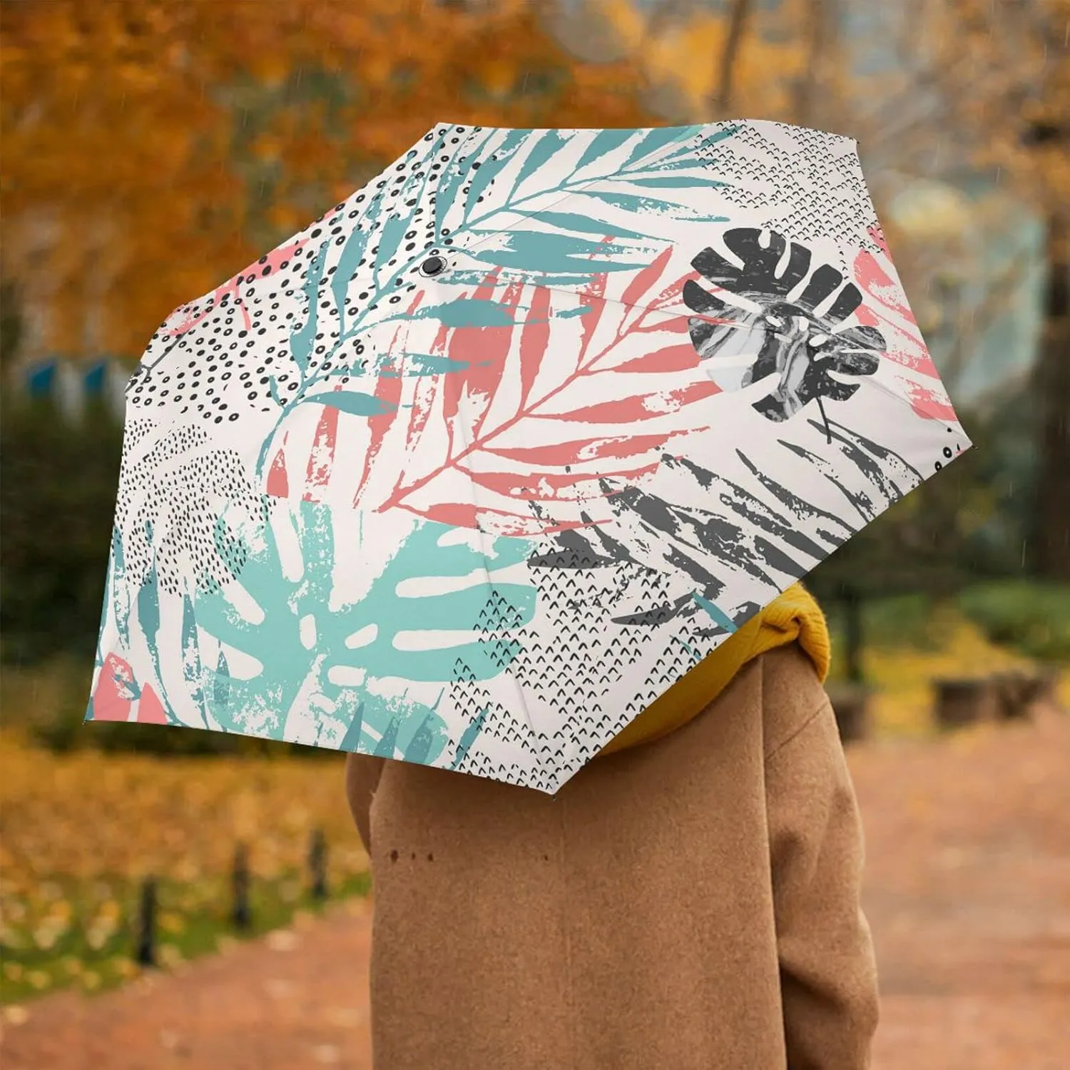 Poeticcity Automatic Folding Umbrella, Auto Open/Close Anti-UV 3 Folds Parasol, Compact Windproof Strong Umbrellas for Travel Sun & Rain