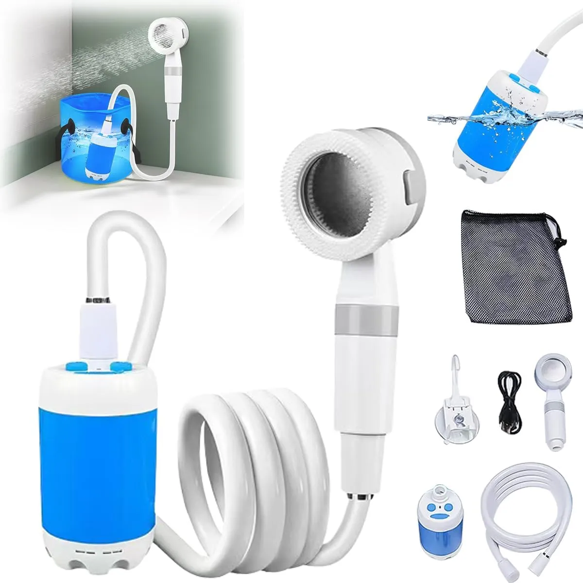 Portable Camping Shower Outdoor Camp Shower Pump, Upgraded USB Rechargeable 2 Spray Modes, with Intelligent Digital Display, Waterproof Electric Shower Pump