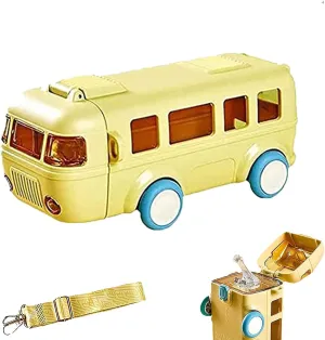Portable Water Cup in Bus Shape, 16 Oz Car Straw Water Cup, Leak-Proof Detachable Bus Water Bottle with Shoulder Strap, Cute Cartoon Water Jug Toy Locking Flip Lid Water Kettle for Kids (C)