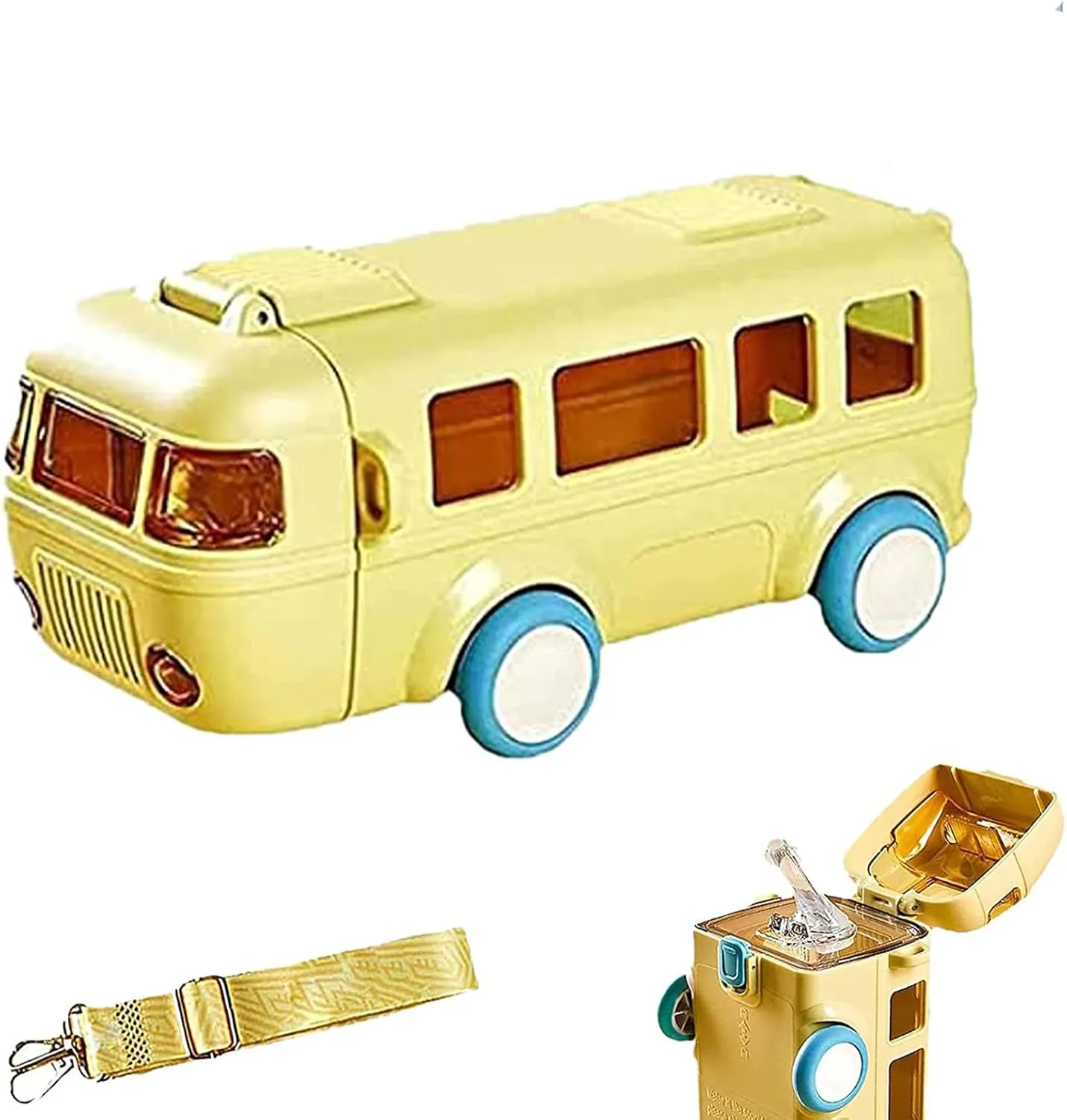 Portable Water Cup in Bus Shape, 16 Oz Car Straw Water Cup, Leak-Proof Detachable Bus Water Bottle with Shoulder Strap, Cute Cartoon Water Jug Toy Locking Flip Lid Water Kettle for Kids (C)
