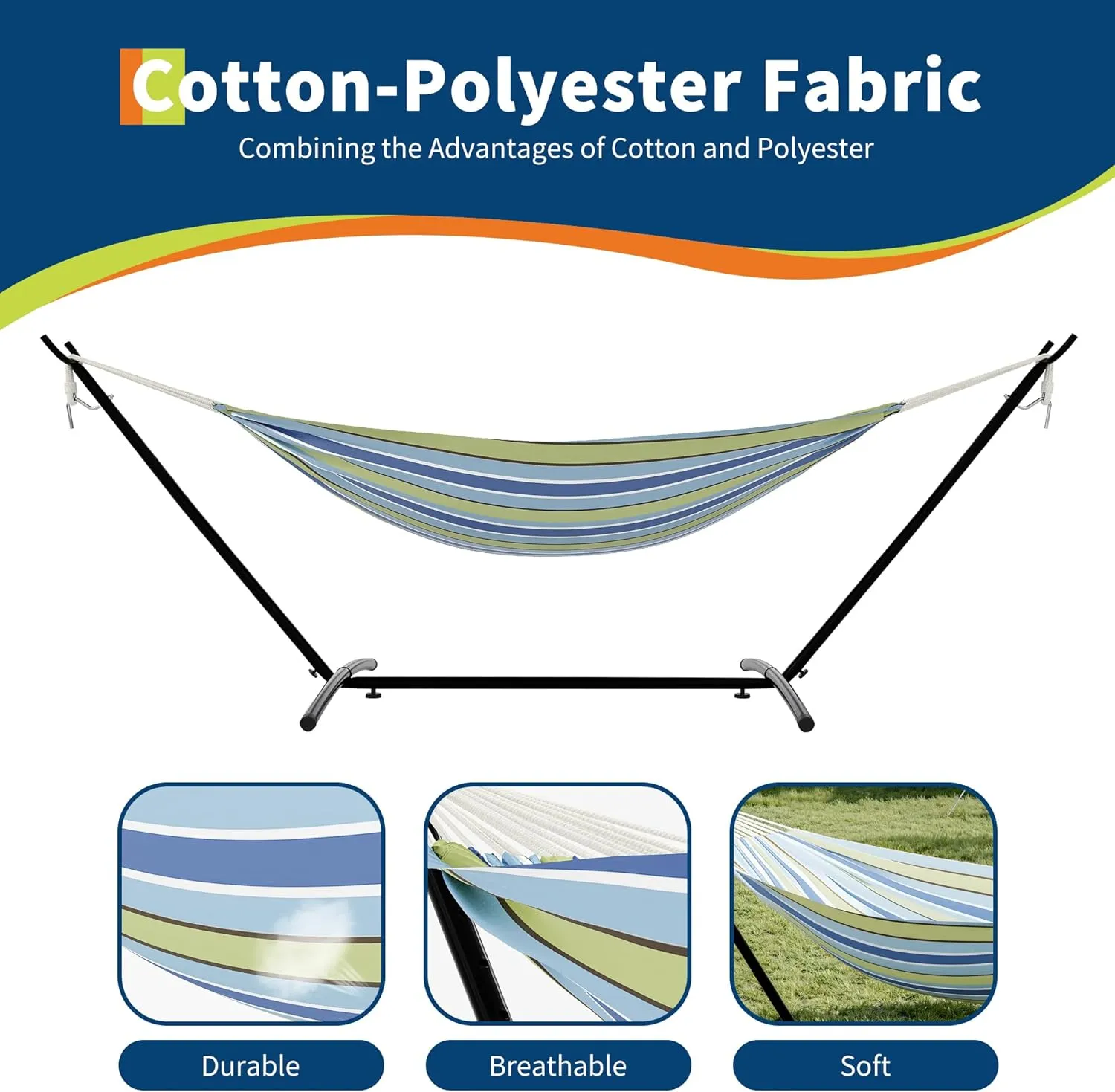 Premium 2-Person Hammock Set with Quick-Lock Steel Stand – Commercial-Grade Outdoor Lounger for Patio, Camping & Backyard (500lb Capacity   Waterproof Carry Bag),Blue and Green Stripes
