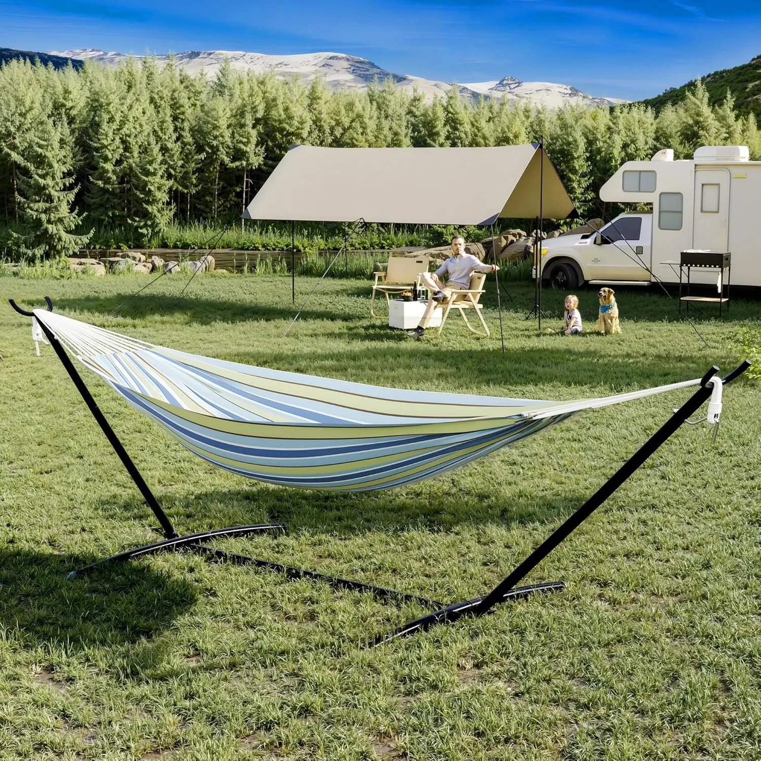 Premium 2-Person Hammock Set with Quick-Lock Steel Stand – Commercial-Grade Outdoor Lounger for Patio, Camping & Backyard (500lb Capacity   Waterproof Carry Bag),Blue and Green Stripes