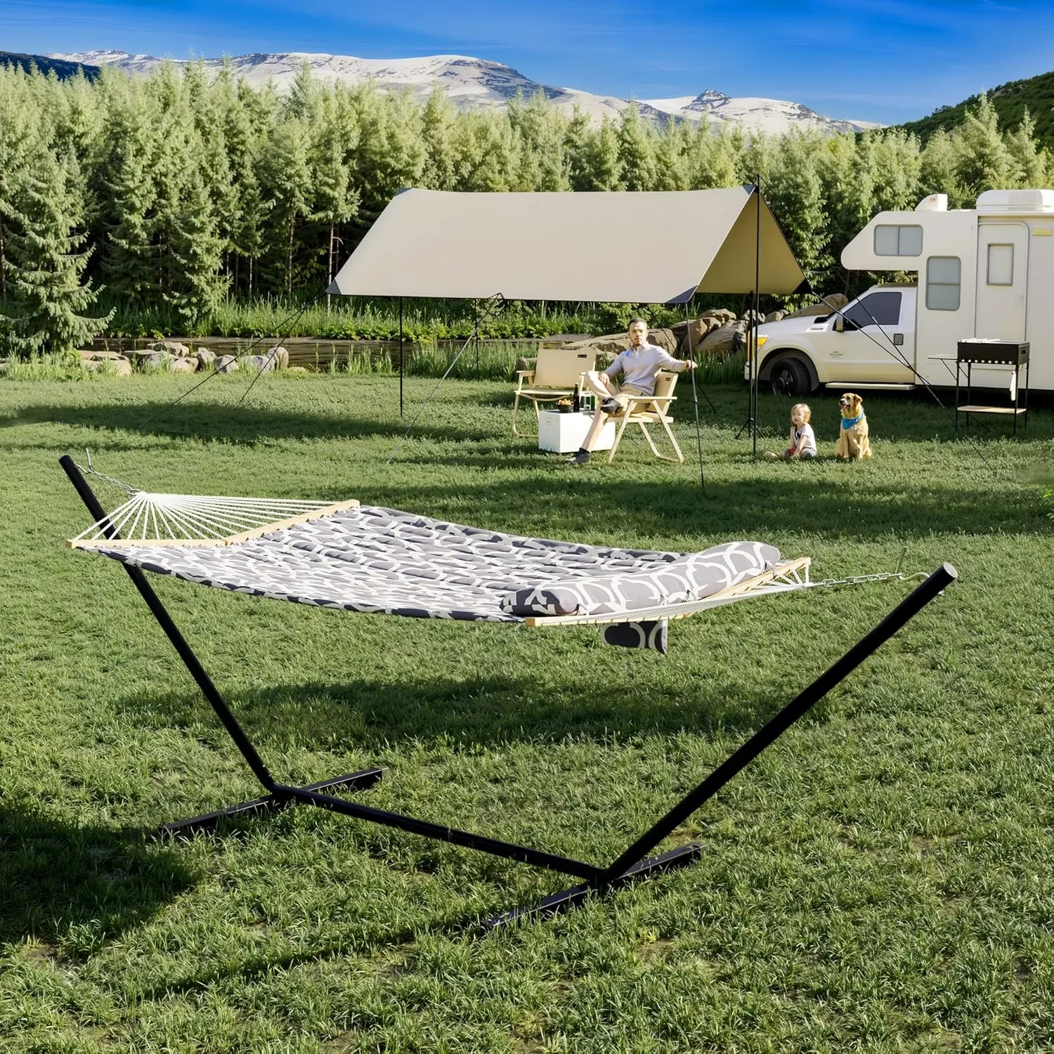 Premium 2-Person Hammock Set with Quick-Lock Steel Stand – Commercial-Grade Outdoor Lounger for Patio, Camping & Backyard (500lb Capacity   Waterproof Carry Bag),Gray White(Concave)