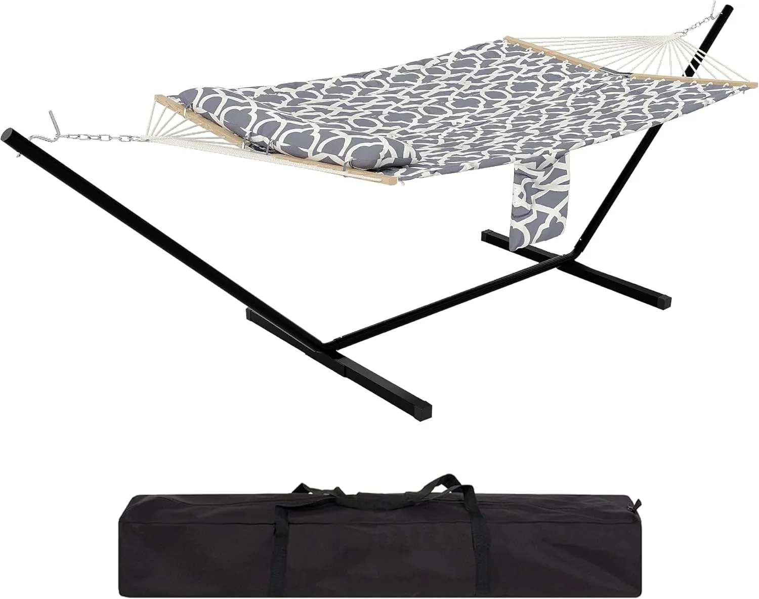 Premium 2-Person Hammock Set with Quick-Lock Steel Stand – Commercial-Grade Outdoor Lounger for Patio, Camping & Backyard (500lb Capacity   Waterproof Carry Bag),Gray White(Concave)