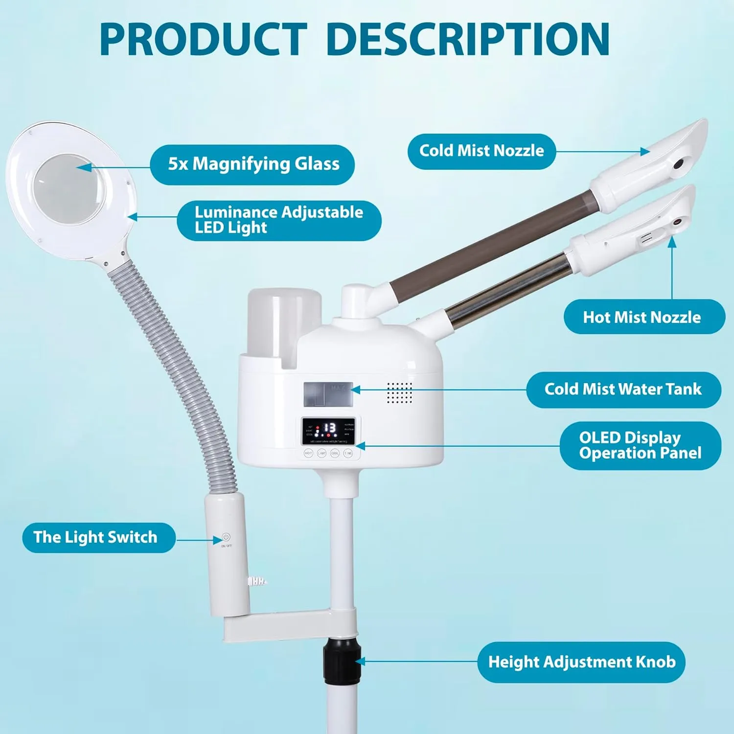 Professional 3 in 1 Facial Steamer Deep Cleaning Ozone Facial Steamer with 5X Magnifying Light & Rolling Wheels Hot/Cold Mist Function for Salon Spa Home Beauty Equipment, White