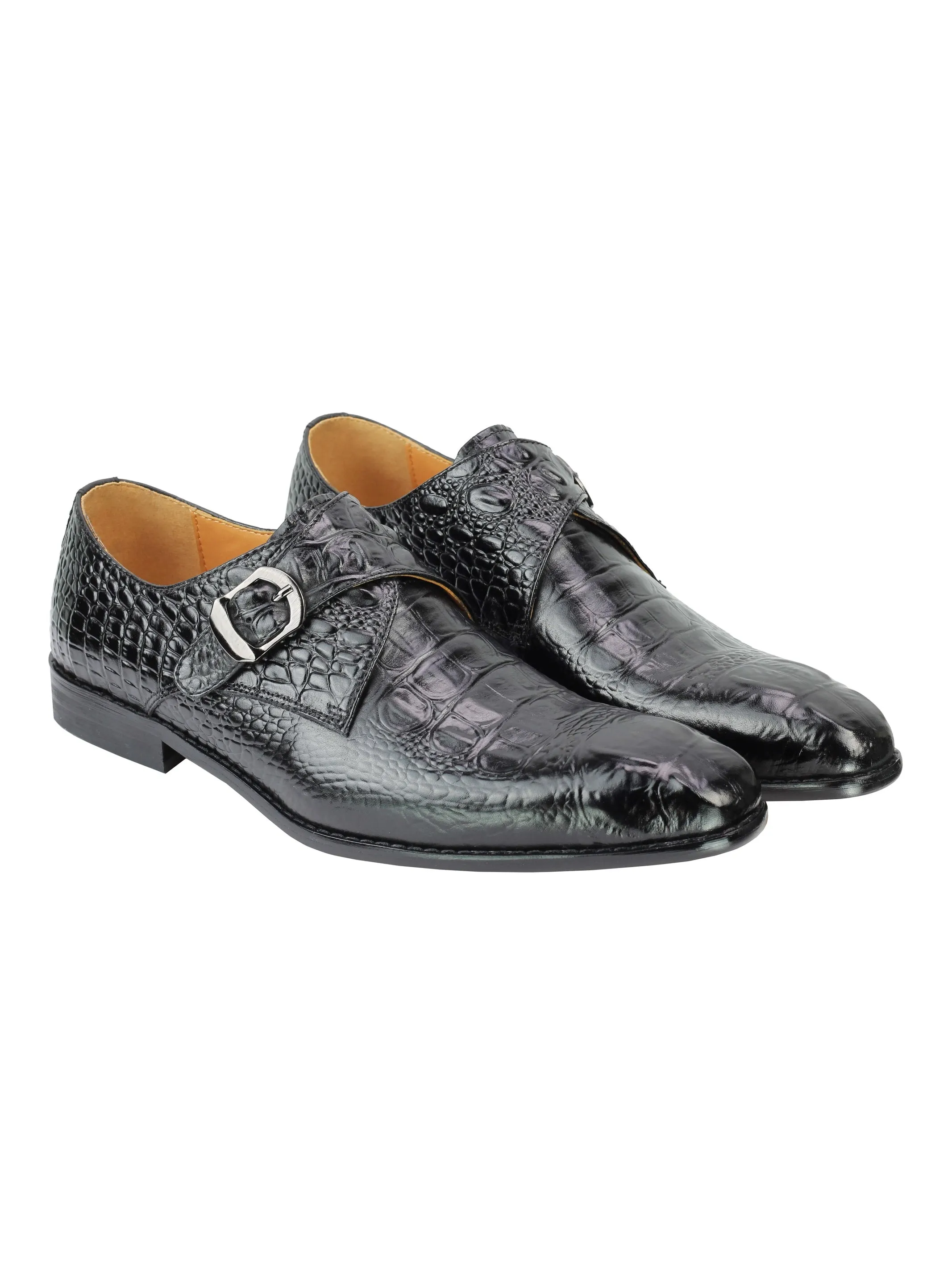 Real Leather Black Print Monk Loafers