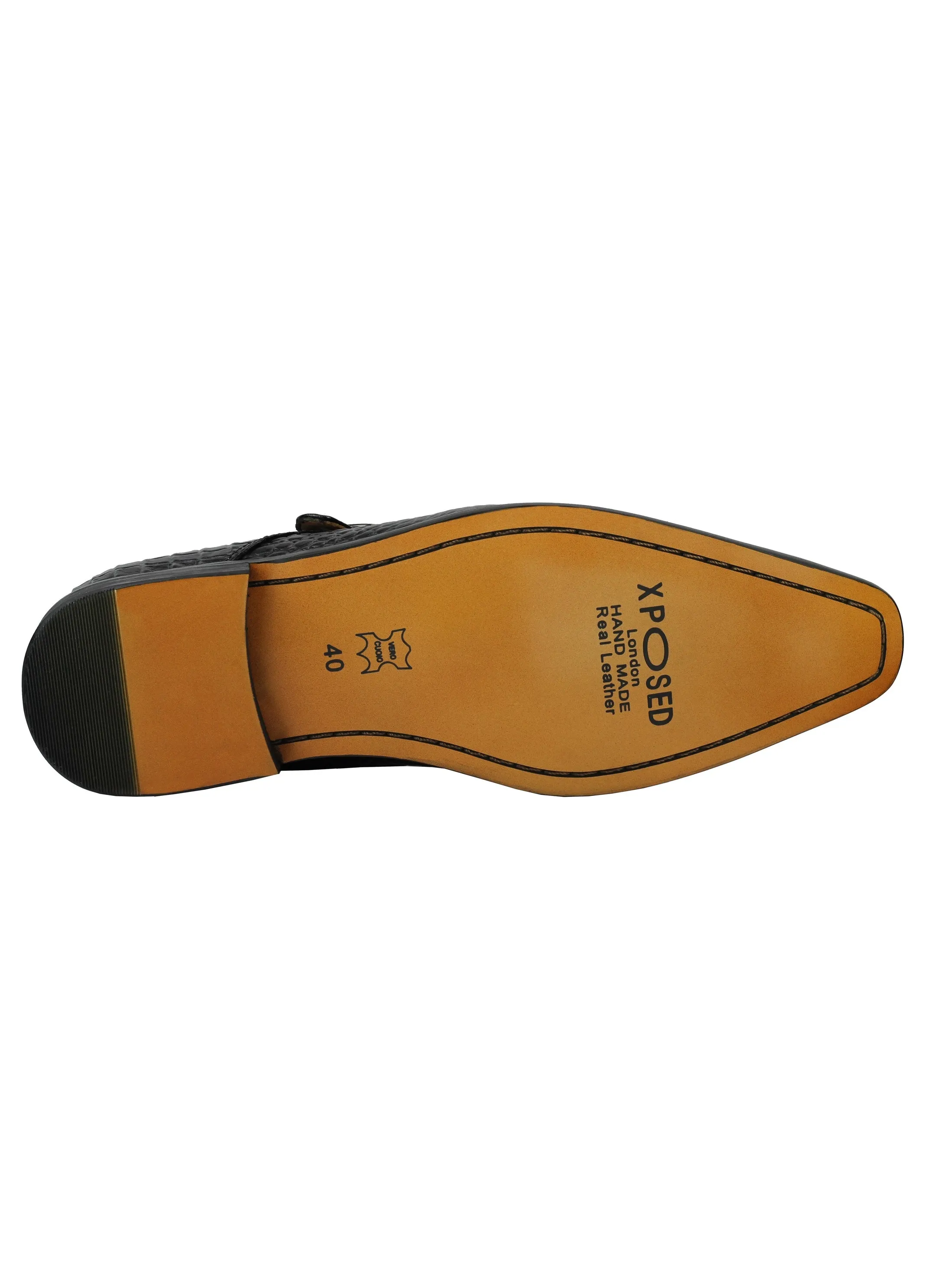 Real Leather Black Print Monk Loafers