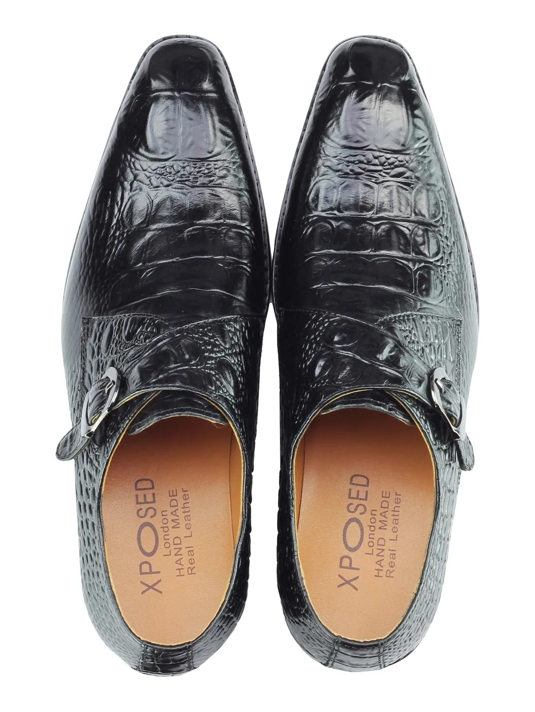 Real Leather Black Print Monk Loafers