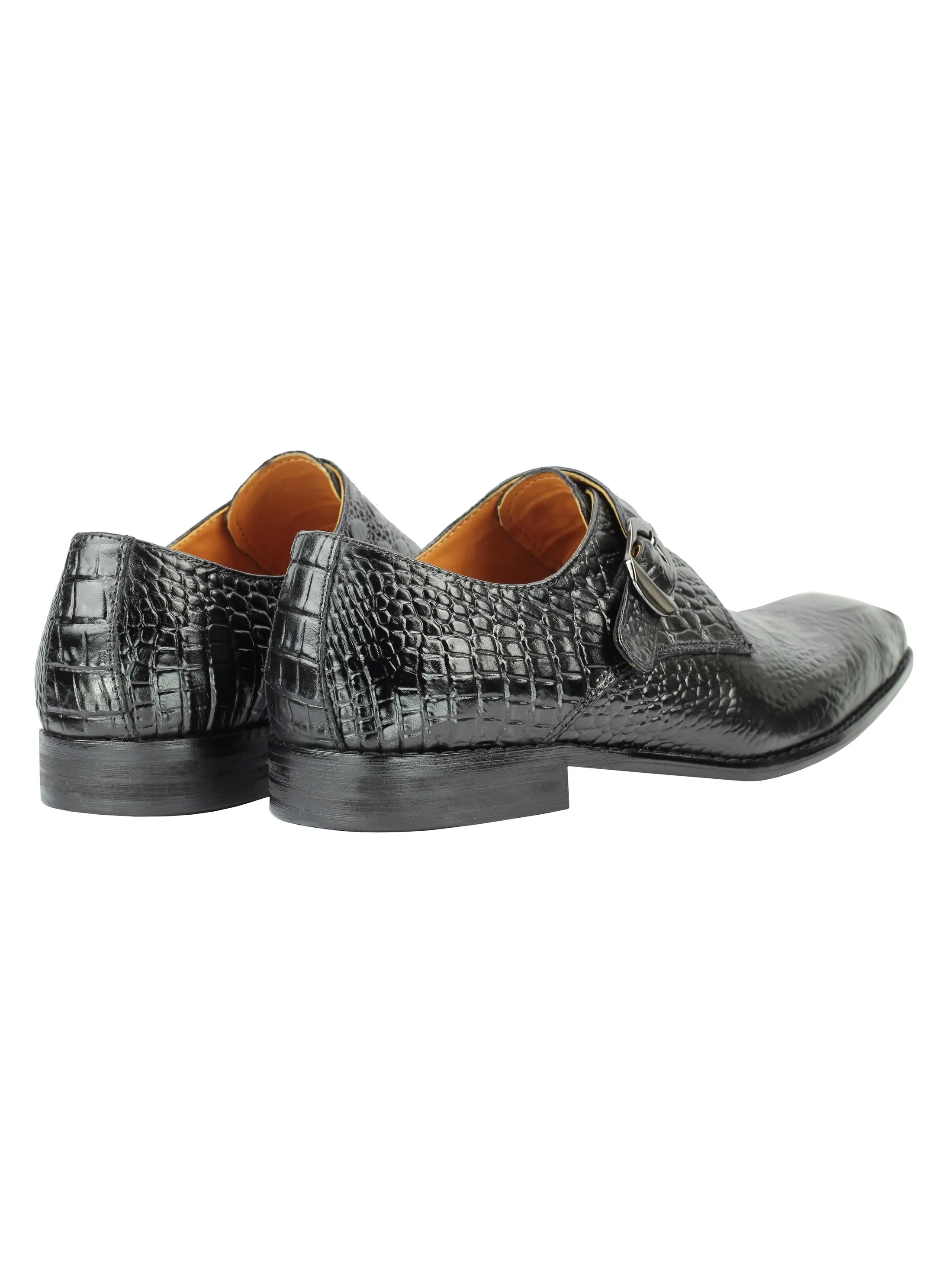 Real Leather Black Print Monk Loafers
