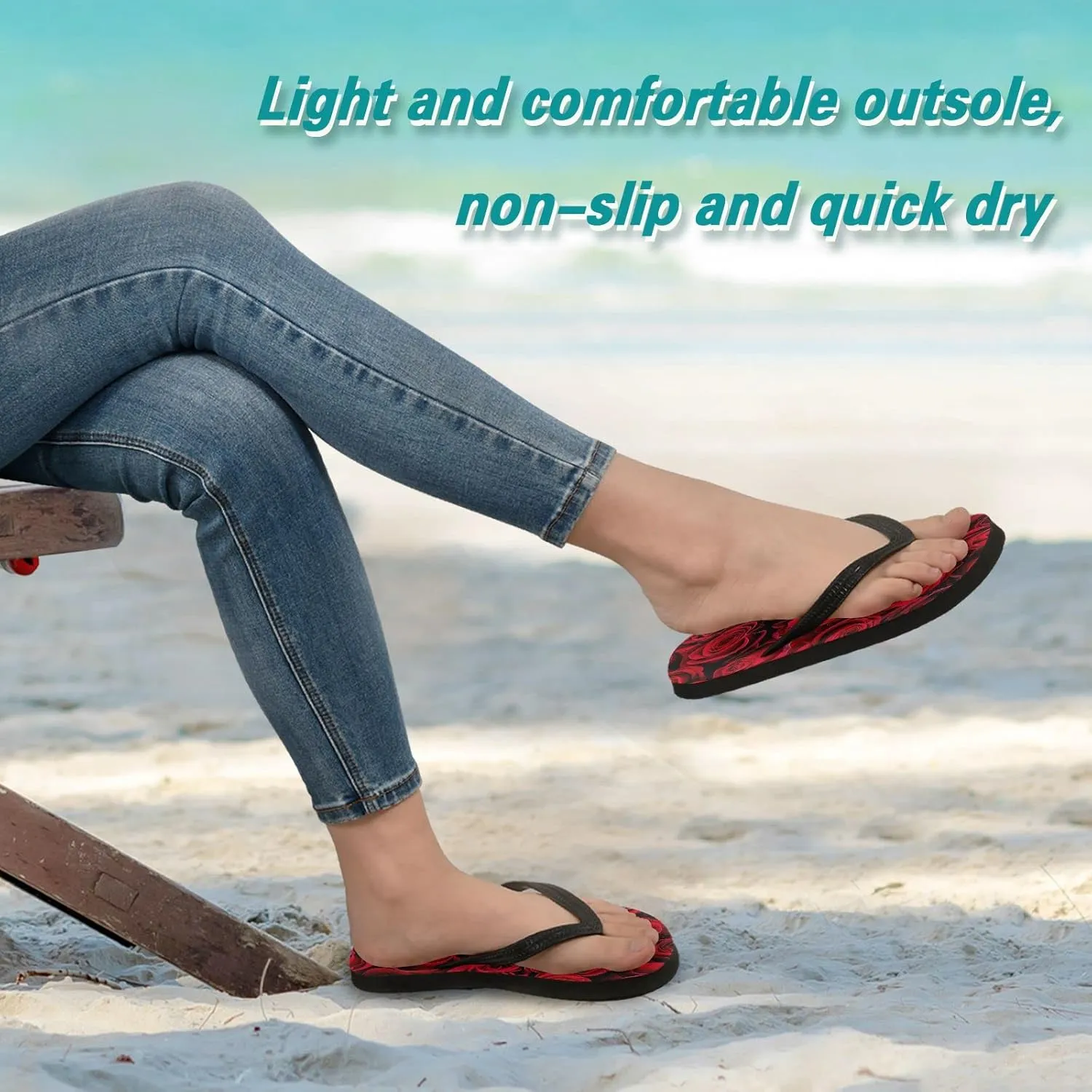 Red Rose Pattern Womens Flip Flops Romantic Love Flowers Summer Beach Sandals Casual Thong Slippers Comfortable Shower Slippers Non Slip Water Sandals shoes XL