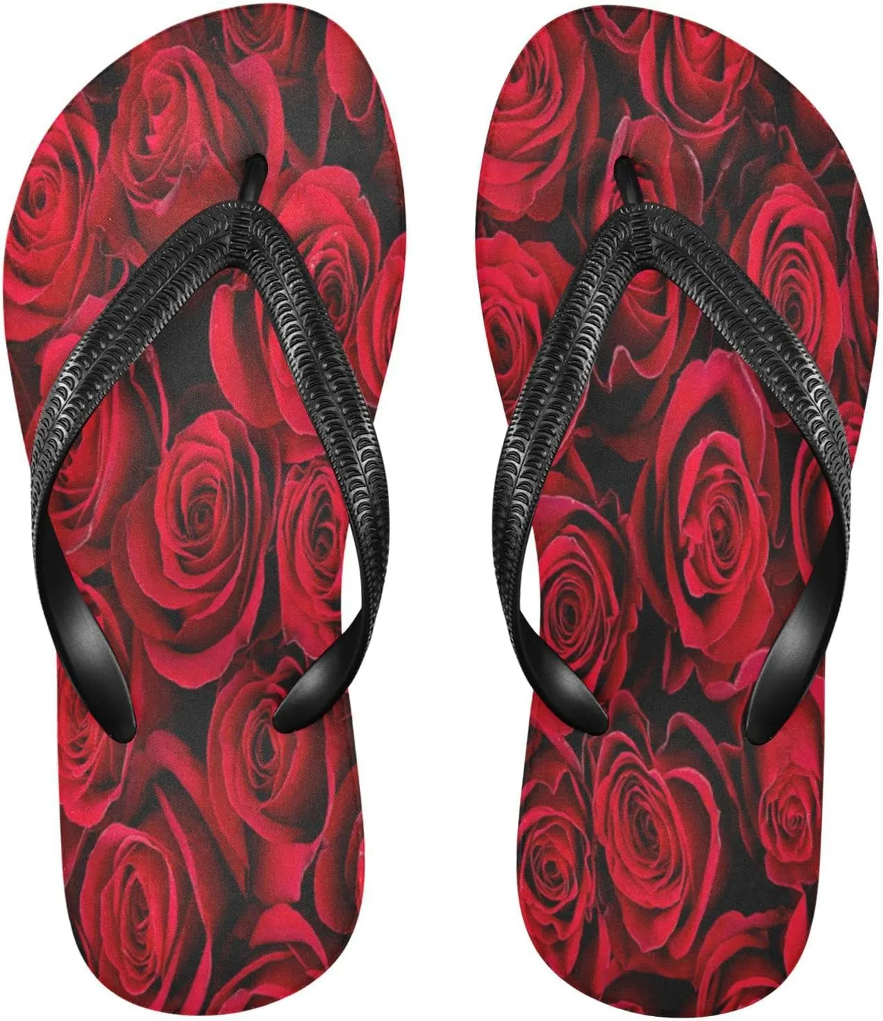 Red Rose Pattern Womens Flip Flops Romantic Love Flowers Summer Beach Sandals Casual Thong Slippers Comfortable Shower Slippers Non Slip Water Sandals shoes XL