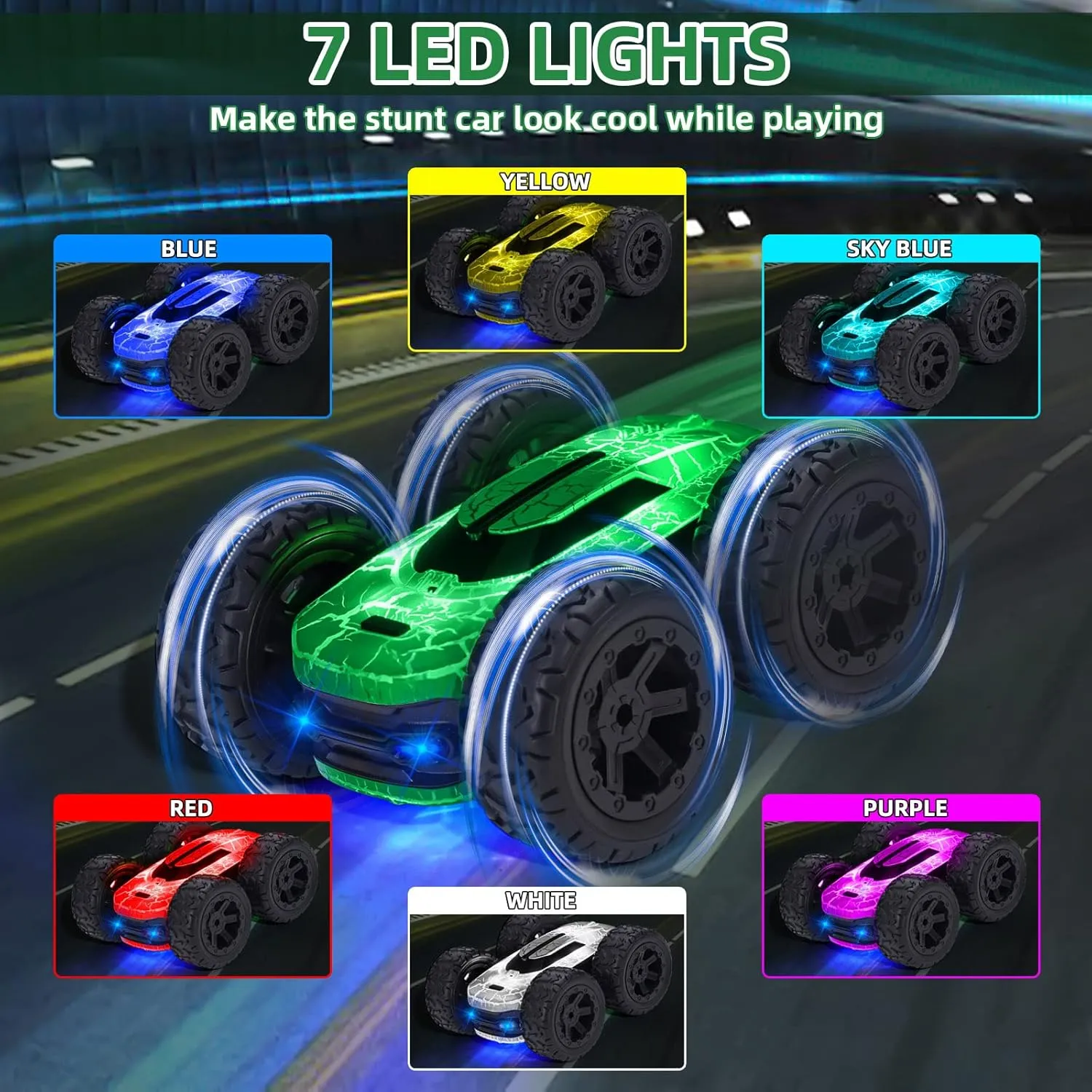 Remote Control Car for Kids 8-12, 360Rotating with 2 Batteries, Double-Sided RC Stunt Car Toy with LED Lights and Headlights