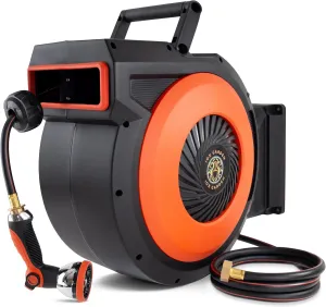 Retractable Garden Hose Reel - 1/2 in x 100 ft Outdoor Hose Reel Heavy Duty Wall Mounted, Any Length Lock Automatic Water Hose, Slow Return, 180° Swivel Bracket, Resistant Shell, 10 Pattern Nozzle
