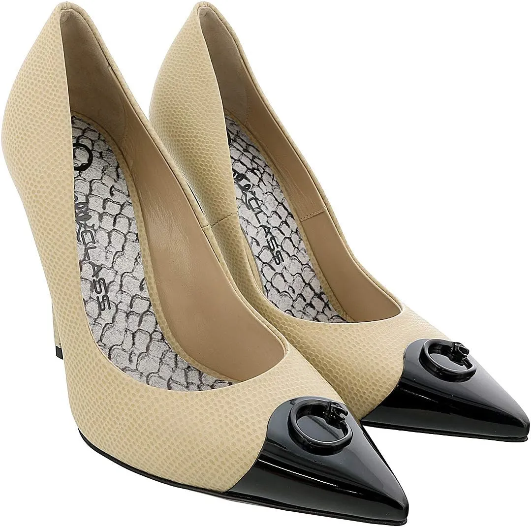 ROBERTO CAVALLI Class Beige/Black Leather Classic High Heel Pump Shoes- for Womens