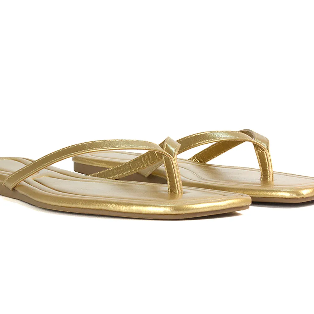 Rosie Flip Flop Square Toe Slip On Summer Flat Sandal Slides in Gold