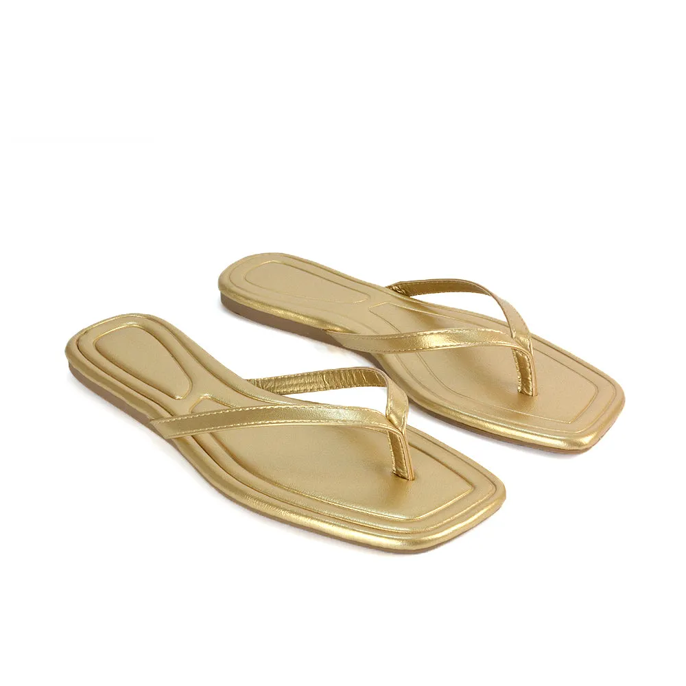Rosie Flip Flop Square Toe Slip On Summer Flat Sandal Slides in Gold