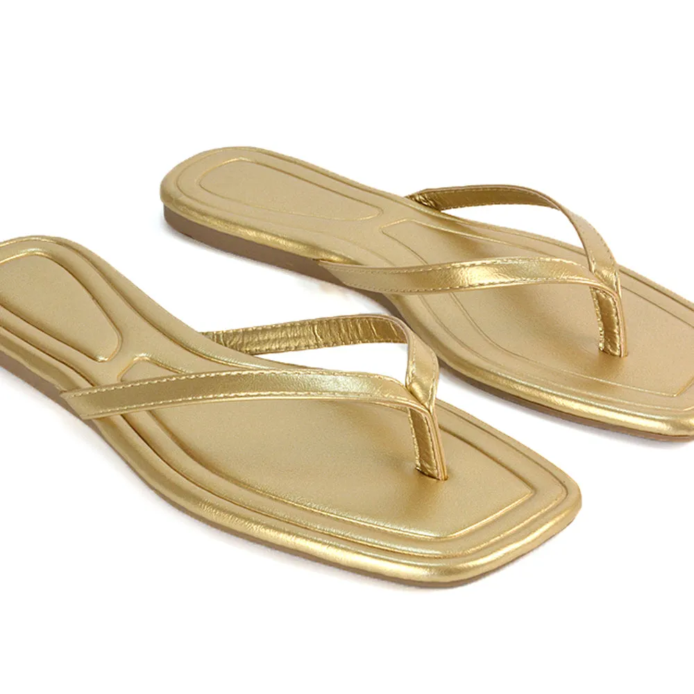 Rosie Flip Flop Square Toe Slip On Summer Flat Sandal Slides in Gold