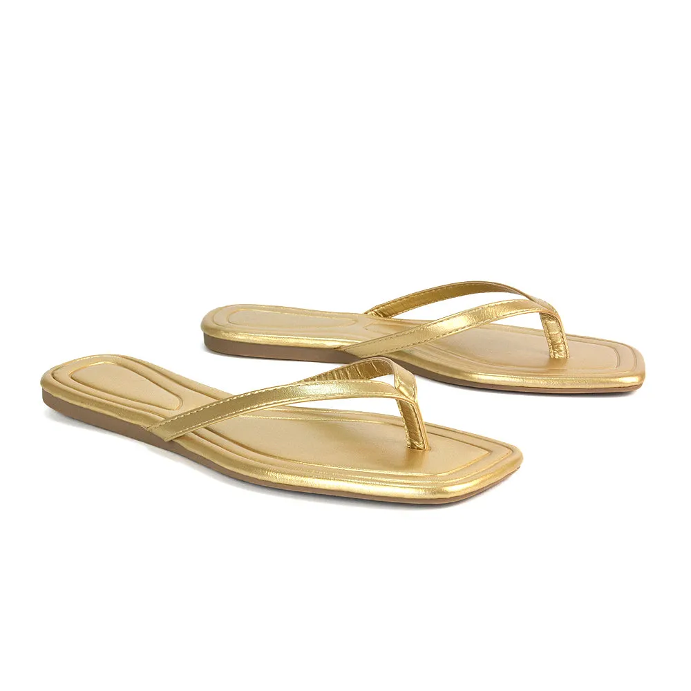 Rosie Flip Flop Square Toe Slip On Summer Flat Sandal Slides in Gold
