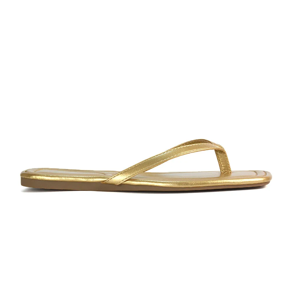 Rosie Flip Flop Square Toe Slip On Summer Flat Sandal Slides in Gold