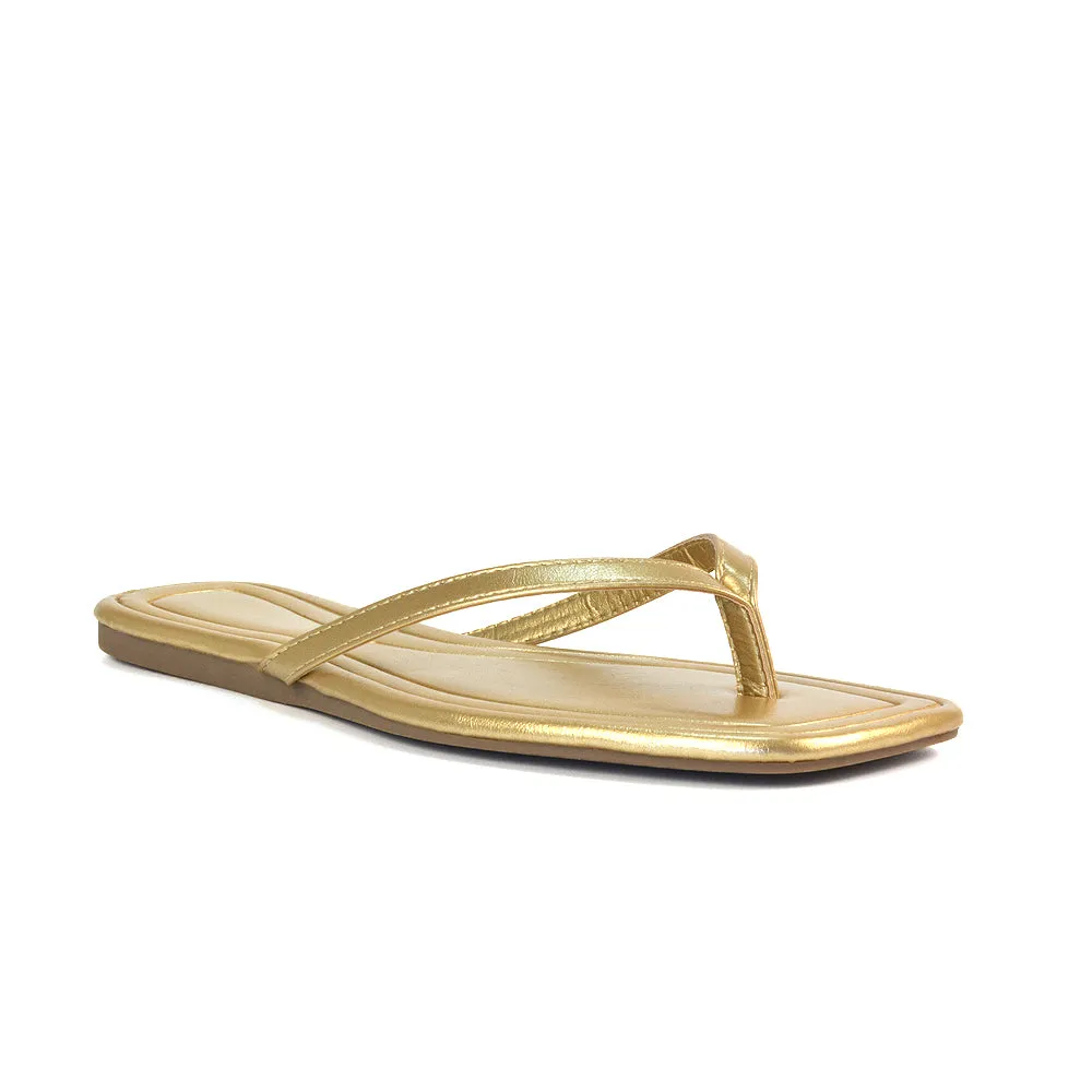 Rosie Flip Flop Square Toe Slip On Summer Flat Sandal Slides in Gold