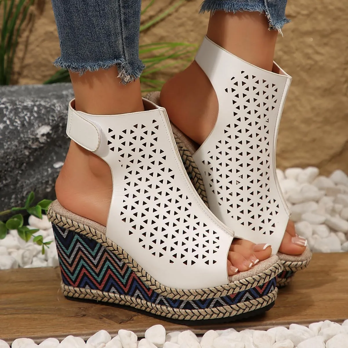 SACFOF Women's Cut Out Peep Toe Wedge Sandals Summer Slingback Ankle Booties Platform Wedge Heels Sandals