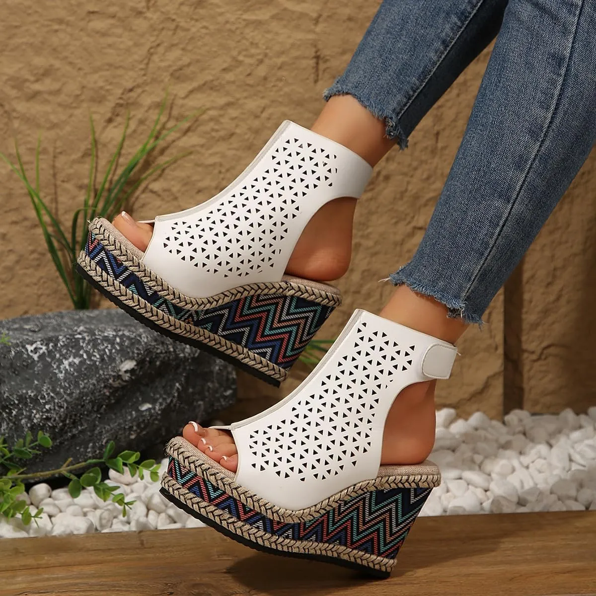 SACFOF Women's Cut Out Peep Toe Wedge Sandals Summer Slingback Ankle Booties Platform Wedge Heels Sandals