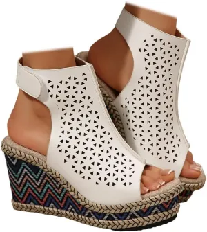 SACFOF Women's Cut Out Peep Toe Wedge Sandals Summer Slingback Ankle Booties Platform Wedge Heels Sandals