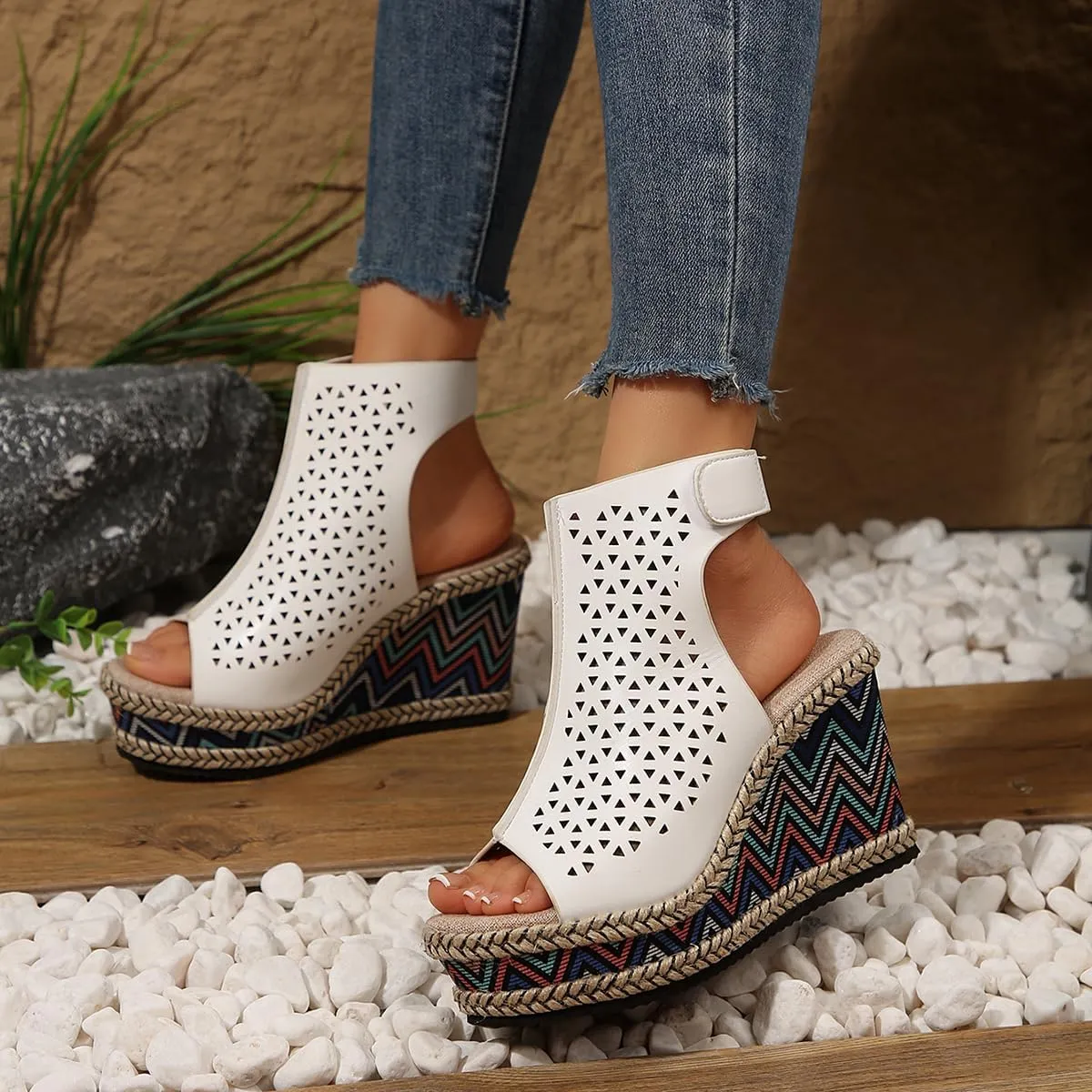 SACFOF Women's Cut Out Peep Toe Wedge Sandals Summer Slingback Ankle Booties Platform Wedge Heels Sandals