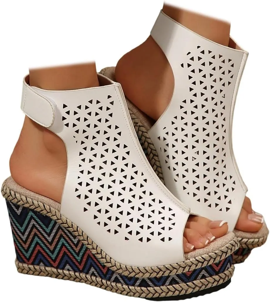 SACFOF Women's Cut Out Peep Toe Wedge Sandals Summer Slingback Ankle Booties Platform Wedge Heels Sandals