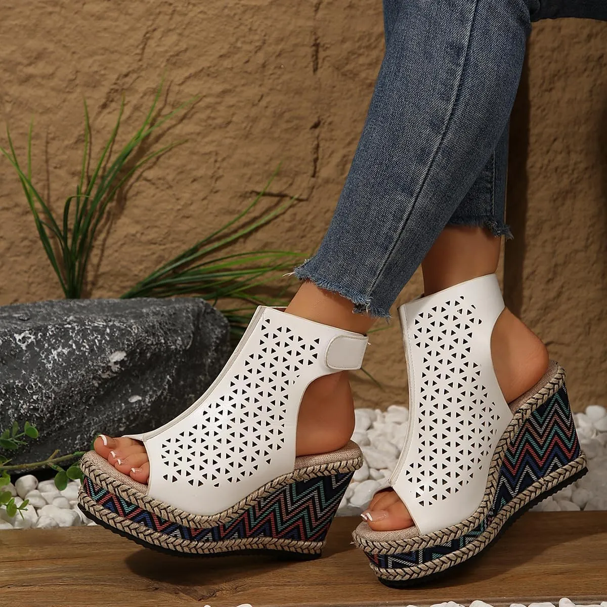 SACFOF Women's Cut Out Peep Toe Wedge Sandals Summer Slingback Ankle Booties Platform Wedge Heels Sandals