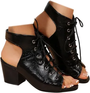 SACFOF Women's Peep Toe Chunky Heel Lace Up Slingback Dressy Booties Cutout High Heel Chunky Block Sandals