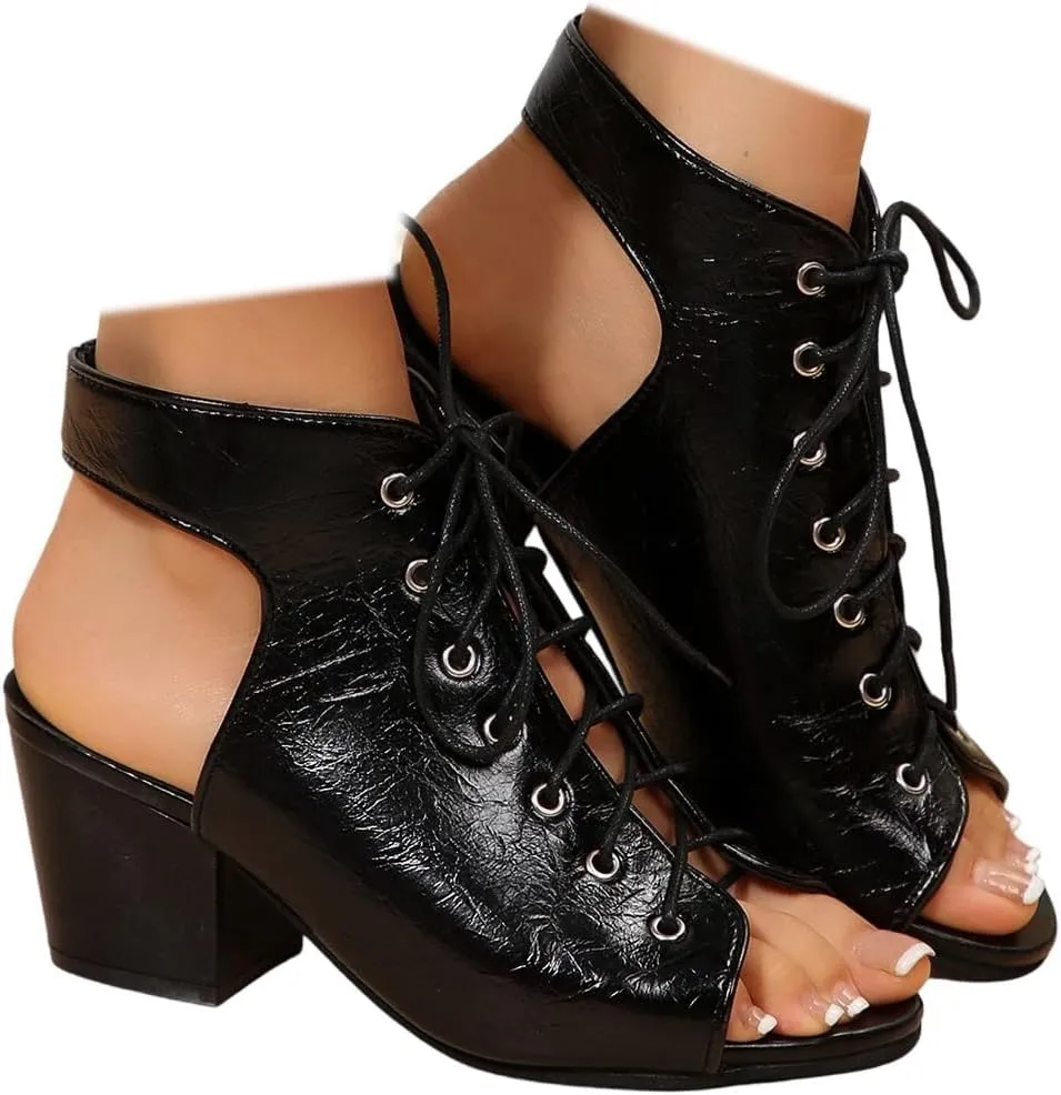 SACFOF Women's Peep Toe Chunky Heel Lace Up Slingback Dressy Booties Cutout High Heel Chunky Block Sandals