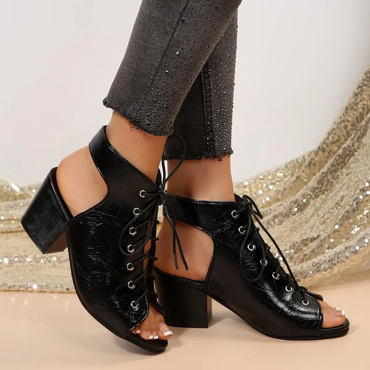 SACFOF Women's Peep Toe Chunky Heel Lace Up Slingback Dressy Booties Cutout High Heel Chunky Block Sandals