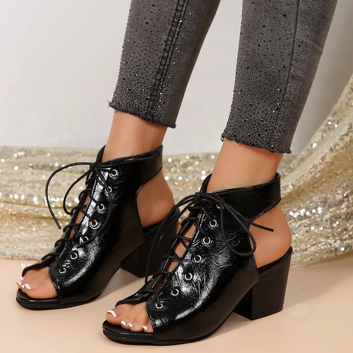 SACFOF Women's Peep Toe Chunky Heel Lace Up Slingback Dressy Booties Cutout High Heel Chunky Block Sandals