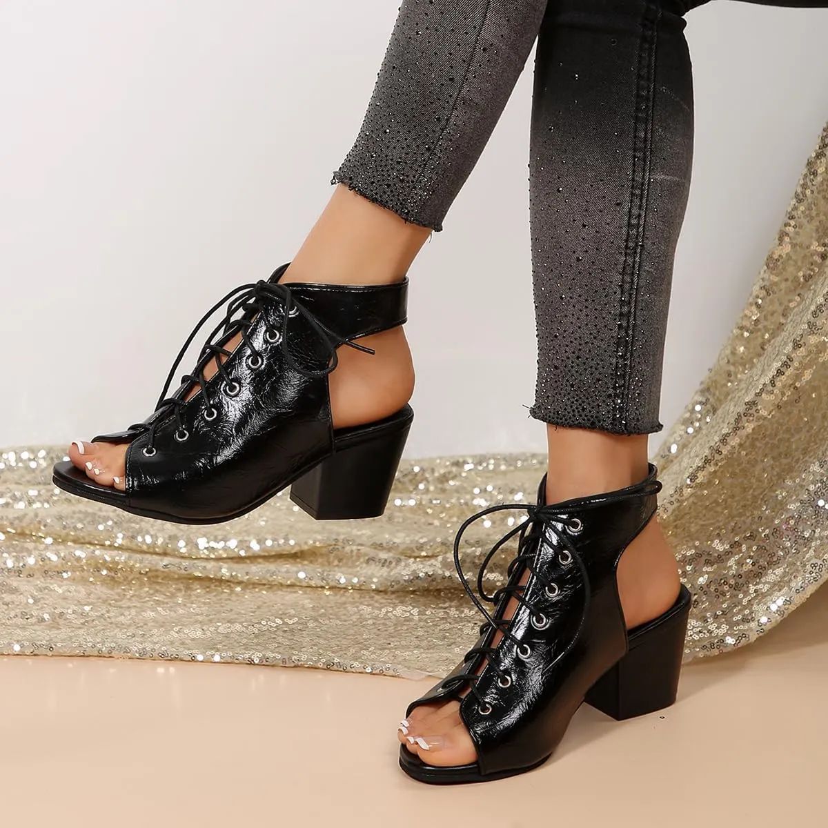 SACFOF Women's Peep Toe Chunky Heel Lace Up Slingback Dressy Booties Cutout High Heel Chunky Block Sandals
