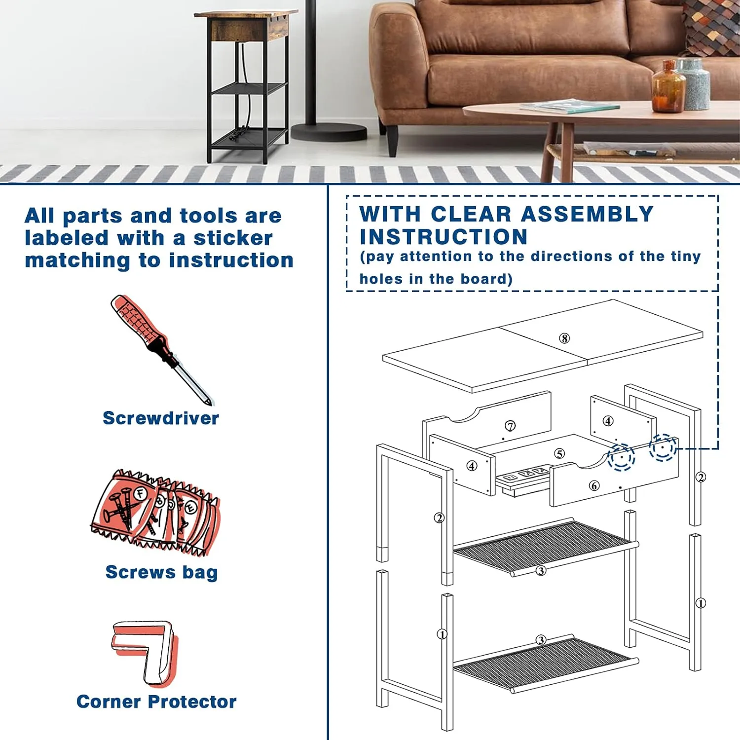 SAUCE ZHAN Sofa Side Table with USB Ports and Outlets, Narrow End Table with Storage Shelf for Small Spaces Bedside Nightstand with Charging Station for Living Room, Bedroom, Brown