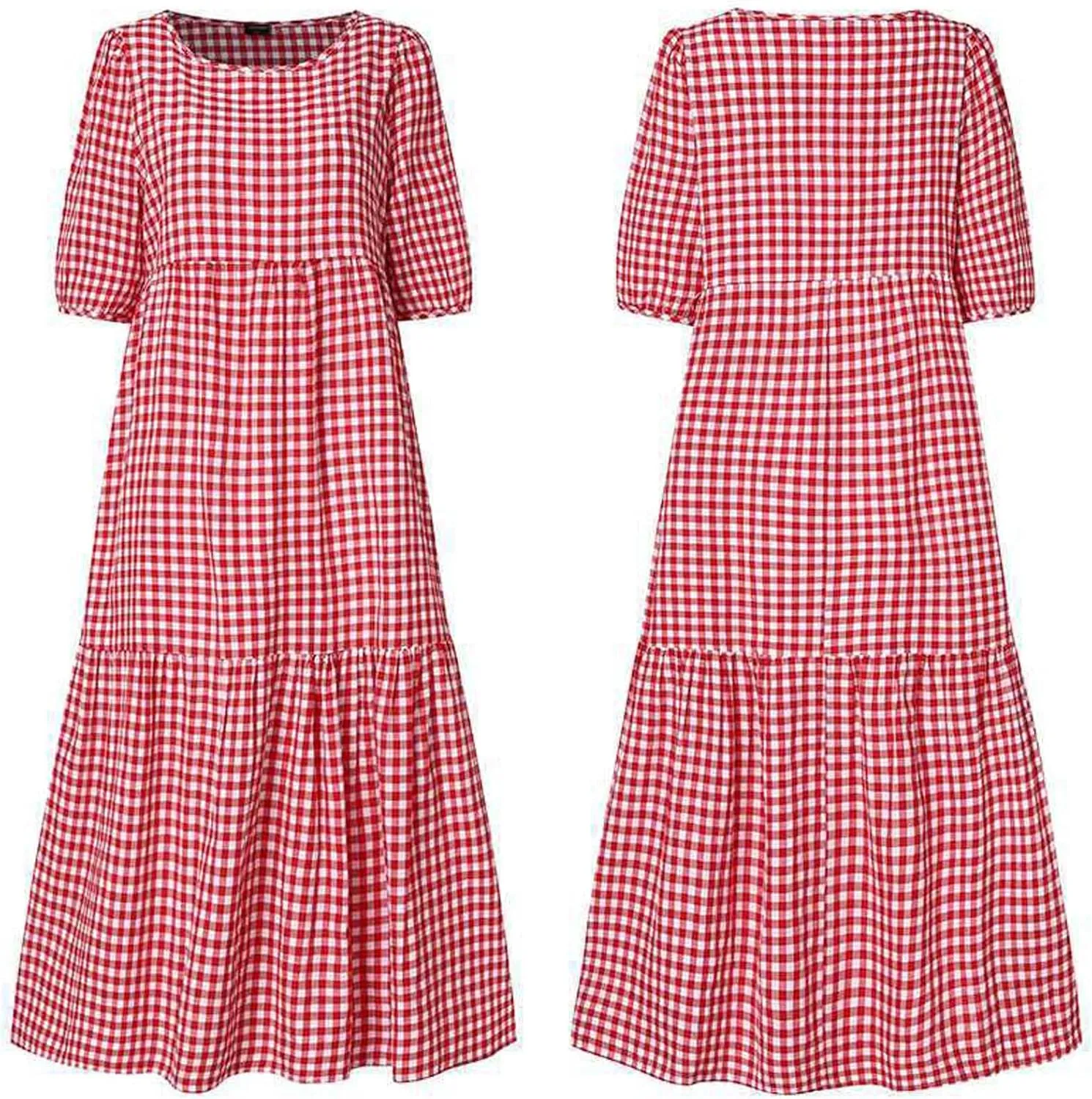 Sexyshine Women's Retro Plaid Lantern Puff Sleeve Plaid Long Dress Casual Loose Gingham Swing Pleated Tiered Dress