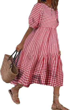 Sexyshine Women's Retro Plaid Lantern Puff Sleeve Plaid Long Dress Casual Loose Gingham Swing Pleated Tiered Dress