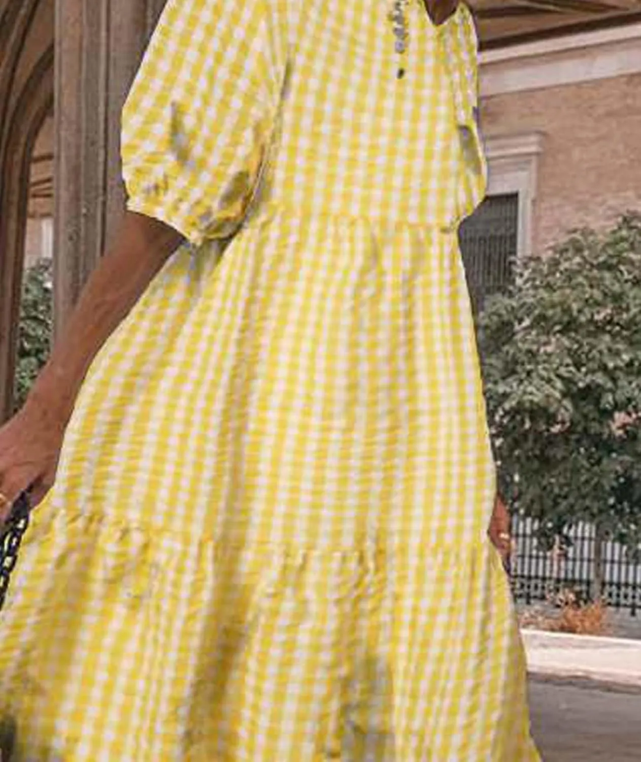 Sexyshine Women's Retro Plaid Lantern Puff Sleeve Plaid Long Dress Casual Loose Gingham Swing Pleated Tiered Dress