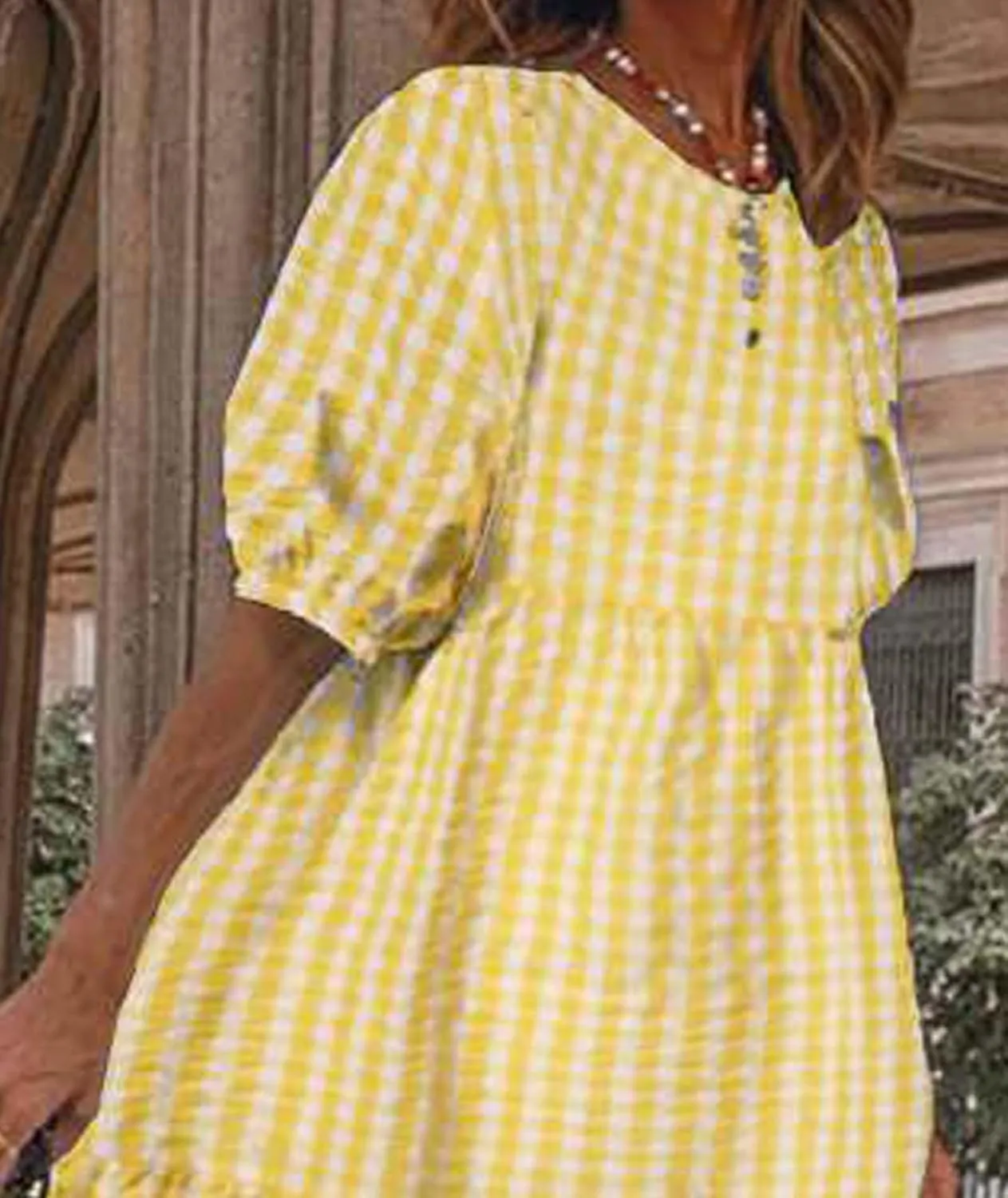 Sexyshine Women's Retro Plaid Lantern Puff Sleeve Plaid Long Dress Casual Loose Gingham Swing Pleated Tiered Dress