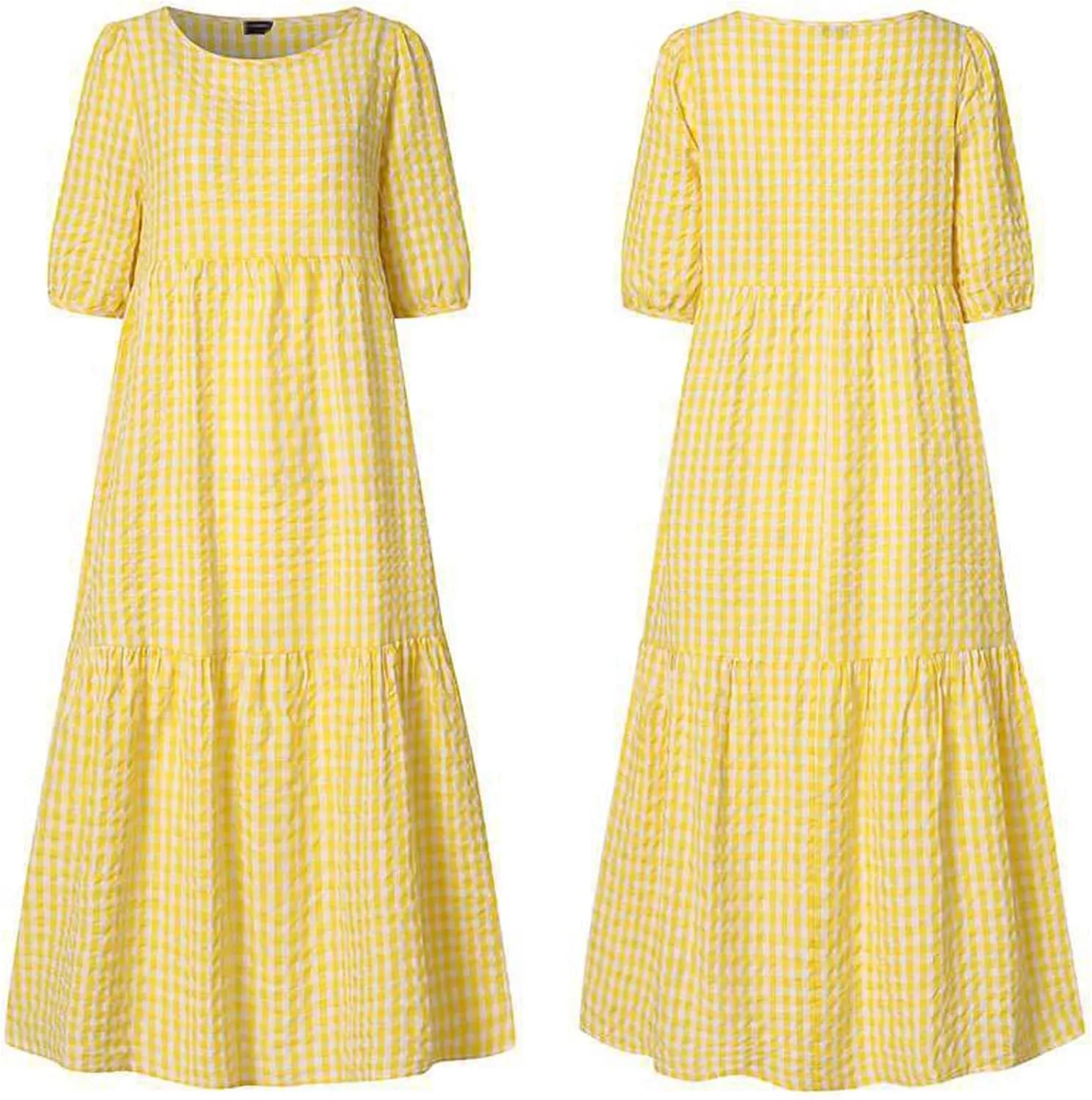 Sexyshine Women's Retro Plaid Lantern Puff Sleeve Plaid Long Dress Casual Loose Gingham Swing Pleated Tiered Dress