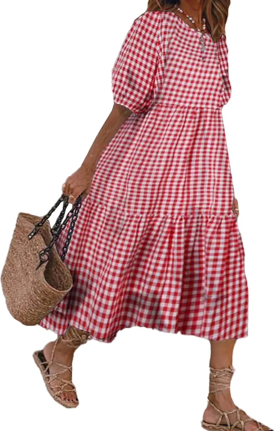 Sexyshine Women's Retro Plaid Lantern Puff Sleeve Plaid Long Dress Casual Loose Gingham Swing Pleated Tiered Dress