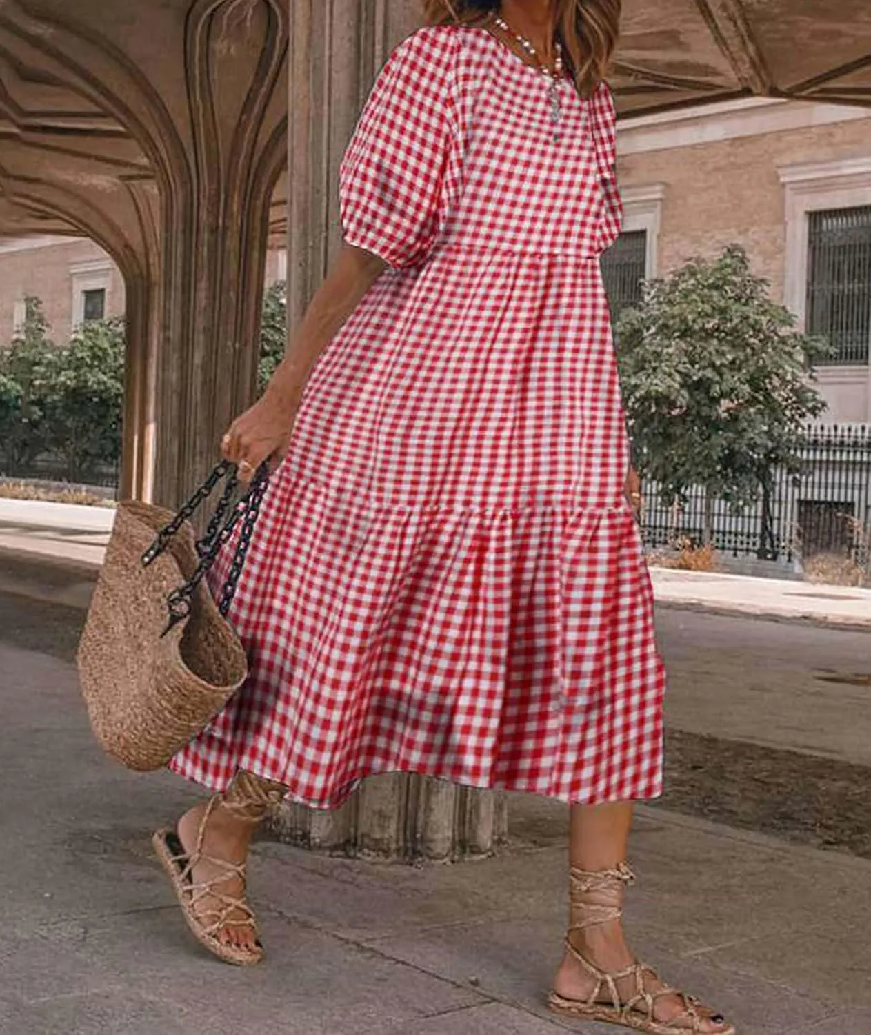 Sexyshine Women's Retro Plaid Lantern Puff Sleeve Plaid Long Dress Casual Loose Gingham Swing Pleated Tiered Dress