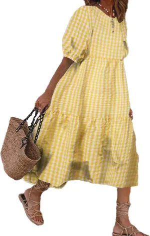 Sexyshine Women's Retro Plaid Lantern Puff Sleeve Plaid Long Dress Casual Loose Gingham Swing Pleated Tiered Dress