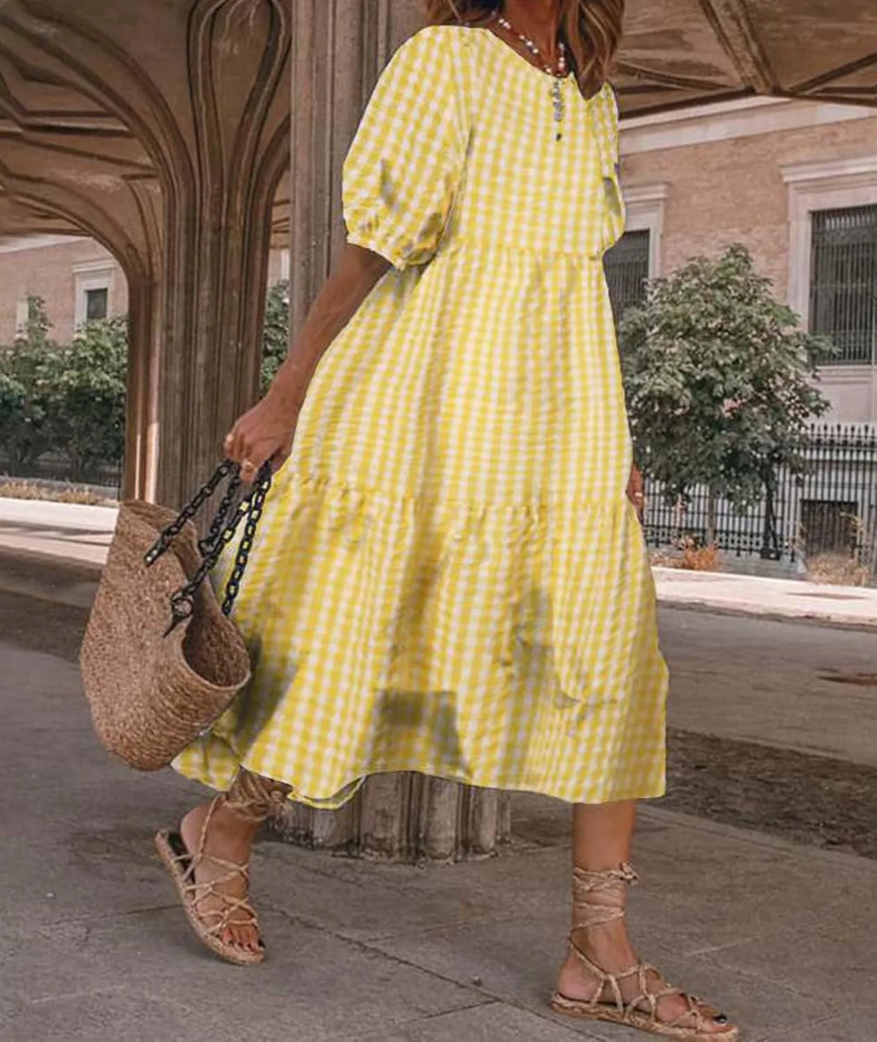 Sexyshine Women's Retro Plaid Lantern Puff Sleeve Plaid Long Dress Casual Loose Gingham Swing Pleated Tiered Dress