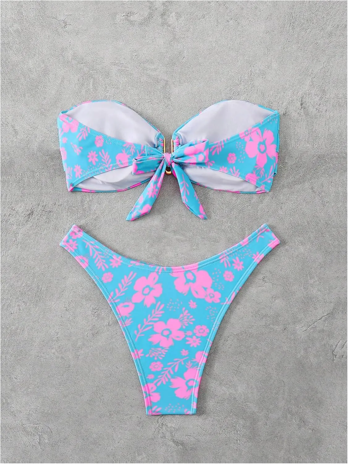 SHENHE Women's 2 Piece Strapless Swimsuit U Wire Floral Tie Back Ruched Bandeau Bikini with Thong Set