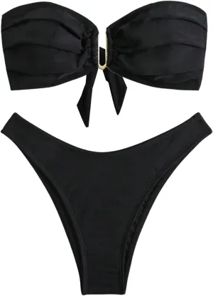 SHENHE Women's 2 Piece Strapless Swimsuit U Wire Floral Tie Back Ruched Bandeau Bikini with Thong Set